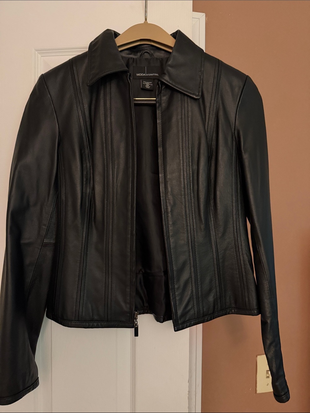 Moda International Women's Black Leather Zip Jacket with Panel Stitching